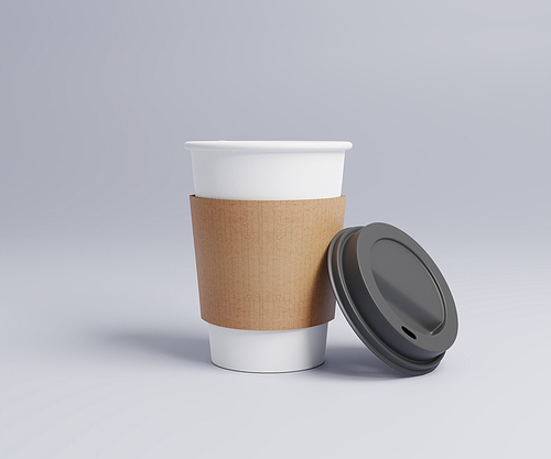 검정색 뚜껑과 컵홀더가 끼어져 있는 테이크아웃 종이컵 목업