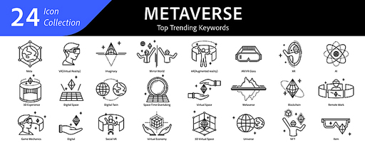 Metaverse, Meta, Verse, Virtual Reality, Augmented Reality, 3D Virtual Space, Digital Twin, Cyberspace, icons, illustration, pictogram, icon,