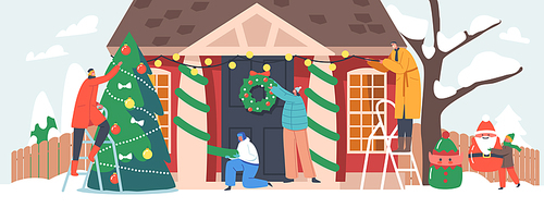 Happy Family Decorate House for Christmas. Parents and Kids Hang Festive Wreath and Spruce Branches on Home Door, Decorating Fir Tree, Put Santa and Elves Statues in Yard. Cartoon Vector Illustration