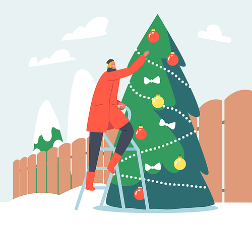 Happy Character Decorate Christmas Tree at House Yard. Young Woman Stand on Ladder Put Ball on Branches. Family Prepare for New Year or Christmas Party Celebration at Home. Cartoon Vector Illustration
