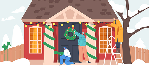 Happy Family Decorate House for Christmas. Grandfather and Kids Hang Festive Wreath and Spruce Branches on Home Door, Put Garland on Roof Decorating Yard and Dwelling. Cartoon Vector Illustration