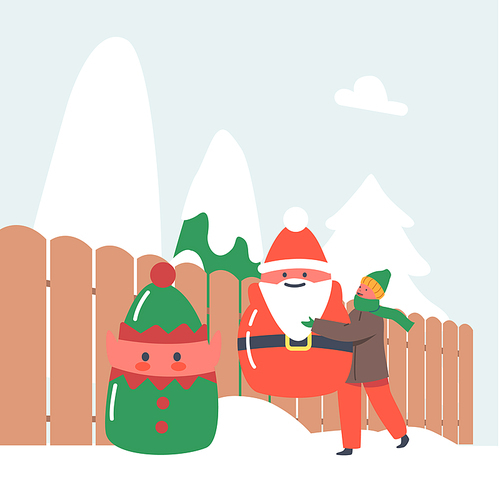 Little Child Decorate House Yard with Christmas Statues of Santa Claus and Elf put them into Snow Drift near Fence. Xmas Season, Preparation for Winter Holidays. Cartoon Vector Illustration