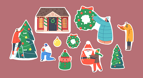 Set of Stickers Happy Family Decorate House for Christmas. Parents and Kids Hang Festive Wreath on Home Door, Decorating Fir Tree, Put Santa and Elves in Yard. Cartoon People Vector Illustration