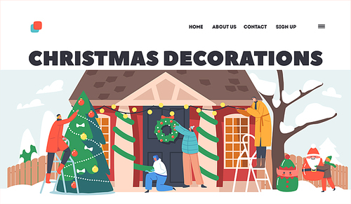 Happy Family Decorate House for Christmas Landing Page Template. Parents and Kids Hang Festive Wreath on Home Door, Decorating Fir Tree, Put Santa and Elf Statues in Yard. Cartoon Vector Illustration