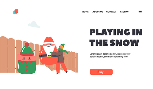 Xmas Season, Preparation for Winter Holidays Landing Page Template. Little Child Decorate House Yard with Christmas Statues of Santa Claus and Elf put them into Snow. Cartoon Vector Illustration