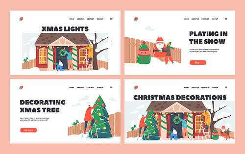 Family Decorate House for Christmas Landing Page Template Set. Parents and Kids Hang Festive Wreath on Home Door, Decorating Fir Tree, Put Santa and Elf Statues in Yard. Cartoon Vector Illustration