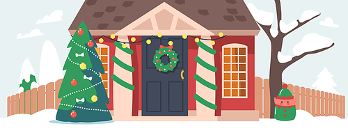 Decorated Winter Suburban Cottages with Christmas Decor, Fir Tree and Snow. Residential House, Real Estate Property with Spruce Branches Wreath on Door and Garlands. Vector Cartoon Illustration