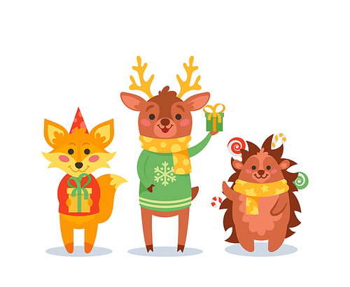 Christmas Animals Fox, Reindeer and Hedgehog Waving Hands, Cartoon Funny Characters Wear Sweaters, Hats and Scarves Holding Xmas Gifts Celebrate Winter Holidays. Isolated Vector Illustration