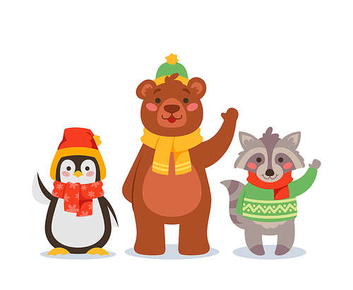 Funny Christmas Animals Waving Hands, Cartoon Characters Penguin, Bear and Raccoon Wear Winter Sweaters, Hats and Scarves Celebrate Xmas and New Year Isolated on White Background. Vector Illustration