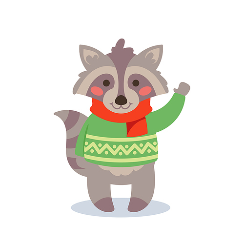 Raccoon Wear Funny Winter Sweaters and Scarf Waving Hand Greeting New Year or Christmas. Cute Forest Animal Cartoon Character Xmas Celebrate Holidays Isolated on White Background. Vector Illustration