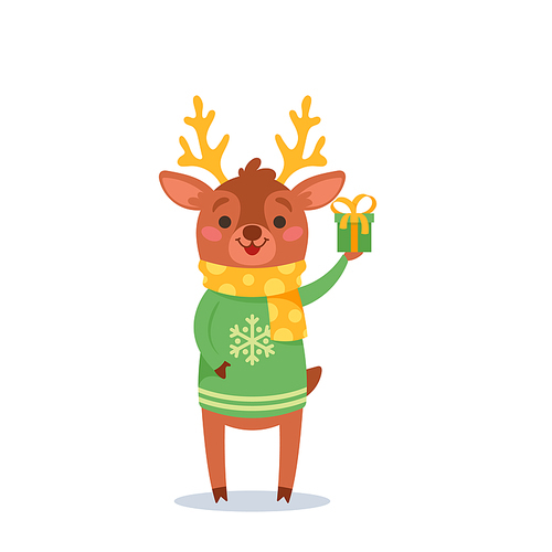 Reindeer Wear Funny Winter Sweater and Scarf Holding Gift in Hand Celebrate New Year or Christmas. Cute Forest Animal Cartoon Character Celebrate Xmas Holidays. Vector Illustration