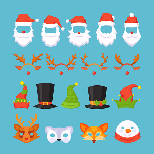 Set of Photo Booth Christmas Masks Santa Claus, Reindeer, Snowman, Fox and Elves Hats. Masquerade Decor for Costume Party. Isolated Face Masking Xmas Holidays Collection. Cartoon Vector Illustration