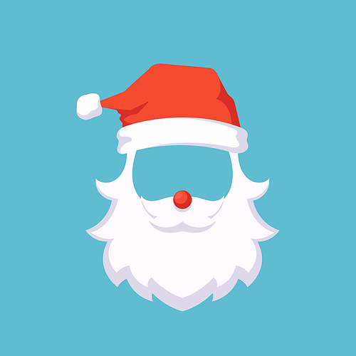 santa claus mask. christmas party  app or booth photo. face with beard, mustaches, red nose and hat, holiday template of santa head isolated on blue . cartoon vector illustration