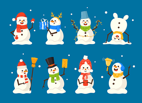 Set of Cute Playful Snowmen, Christmas Characters Collection Wear Santa Hat, Deer Horns, Holding Gift Box. Happy New Year and Merry Xmas Design Elements for Greeting Card. Cartoon Vector Illustration