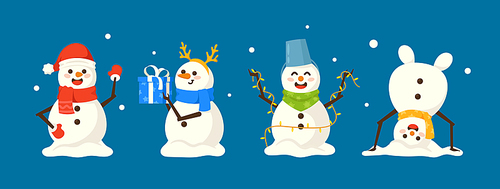 Set of Cute Snowmen Christmas Playful Characters Headstand, Waving Hand, Holding Garland and Gift Box. Snow Men Wear Santa Hat, Deer Horns and Bucket. Happy New Year, Merry Xmas. Cartoon Vector Icons