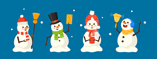 Set of Cute Playful Snowmen, Christmas Characters Wear Knit and Top Hat, Scarf, Holding Envelope, Bell and Broom. Happy New Year, Merry Xmas Design Elements Collection. Cartoon Vector Illustration