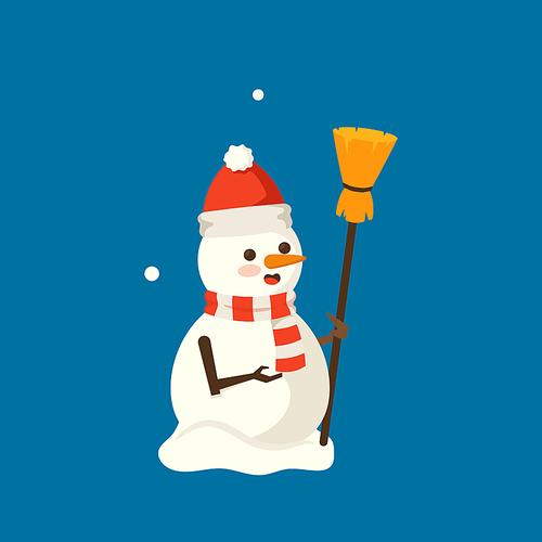 Cute Smiling Snowman Wear Santa Hat with Broom in Hand. Christmas Character. Happy New Year and Merry Xmas Personage, Isolated Design Element for Greeting Card. Cartoon Vector Illustration