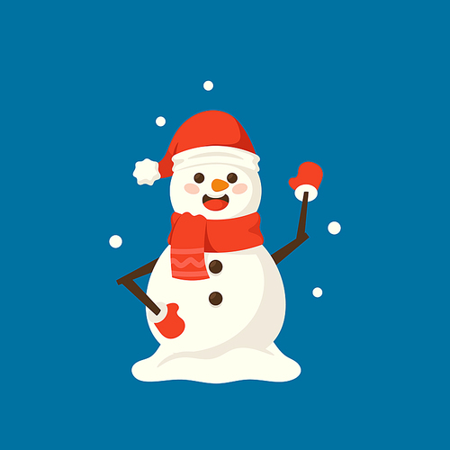 Cute Friendly Snowman Wear Santa Hat with Scarf Waving Hand. Isolated Design Element for Greeting Card. Christmas Character. Happy New Year and Merry Xmas Personage. Cartoon Vector Illustration