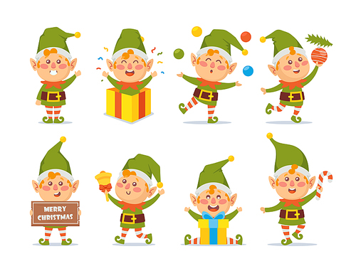 Collection of Christmas Elves Isolated on White Background. Bundle of Little Santa's Helpers Holding Holiday Gifts, Sweets and Decorations. Set of Adorable Cartoon Characters. Vector Illustration