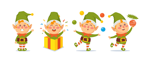 Set of Adorable Cartoon Characters, Elves or Gnomes. Christmas Elves Collection Isolated on White Background. Bundle of Little Santa Helpers Holding Holiday Gifts and Decorations. Vector Illustration