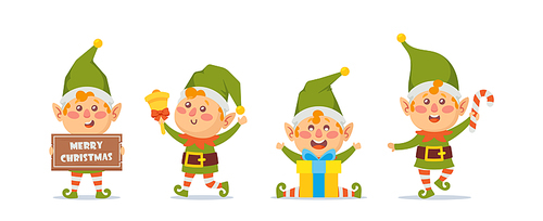 Christmas Elves Isolated on White Background. Bundle of Little Santa Helpers Holding Holiday Sweets, Gifts and Decorations. Set of Adorable Cartoon Characters, Gnomes Collection. Vector Illustration