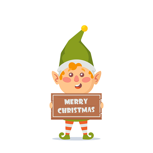 Xmas Elf Character Holding Merry Christmas Banner in Hands Isolated on White Background. Little Santa Helper, Adorable Gnome Wear Green Hat and Striped Stockings. Cartoon Vector Illustration