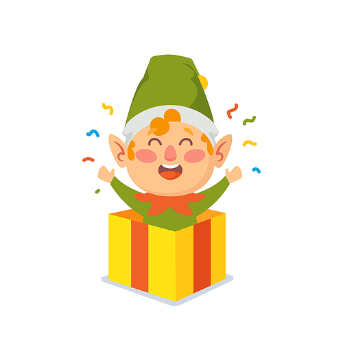 Christmas Elf Pop Up from Gift Box with Confetti around Isolated on White Background. Little Santa Helper Celebrate Winter Holidays, Adorable Gnome Cartoon Character. Vector Illustration