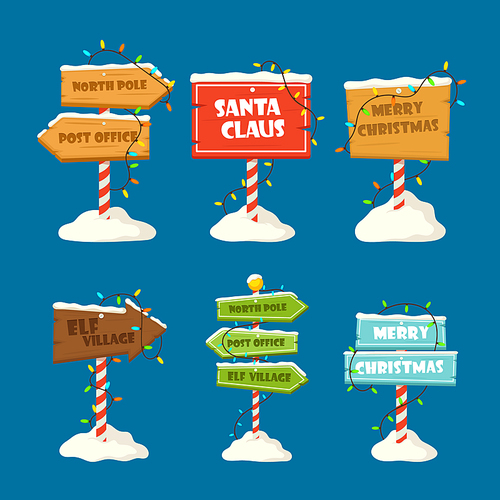 Set of Christmas Signboards, Wooden Signs with Garlands and Striped Pole in Snow. Wood Banners, Road Direction Arrows Santa Claus, North Pole, Elf Village, Post Office. Cartoon Vector Illustration