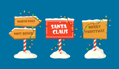 Set of Cute Collection North Pole Signboards and Christmas Wooden Street Signs in Snow, Winter Pointers with Garlands, Snow and Striped Poles. Winter Holiday, Xmas Banners. Cartoon Vector Illustration