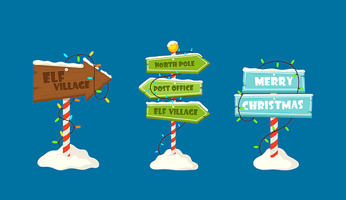 Set of Holiday Billboards, Direction to Elf Village, North Pole, Post Office, Merry Christmas and New Year Wooden Signs with Snow, Garlands and Striped Poles in Snowdrift. Cartoon Vector Illustration