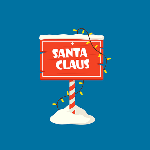 Santa Claus Christmas Billboard, Wooden Signboard Isolated on Blue Background, Sign with Snowdrift and Garlands. Wood Banner, Holiday Road Direction Plank on Striped Pole. Cartoon Vector Illustration