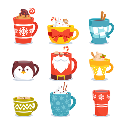 Set of Christmas Mugs with Hot Drinks. Winter Cups with Beverages and Decoration for Wintertime Season Holidays. Cocoa with Marshmallow, Coffee, Tea with Cinnamon. Cartoon Vector Illustration, Icons