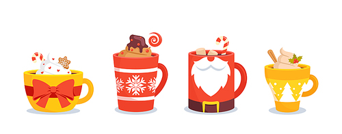 Set of Christmas Mugs with Hot Drinks Cocoa with Marshmallow, Coffee with Whipped Cream. Winter Cups with Beverages and Decoration for Wintertime Season Holidays. Cartoon Vector Illustration, Icons