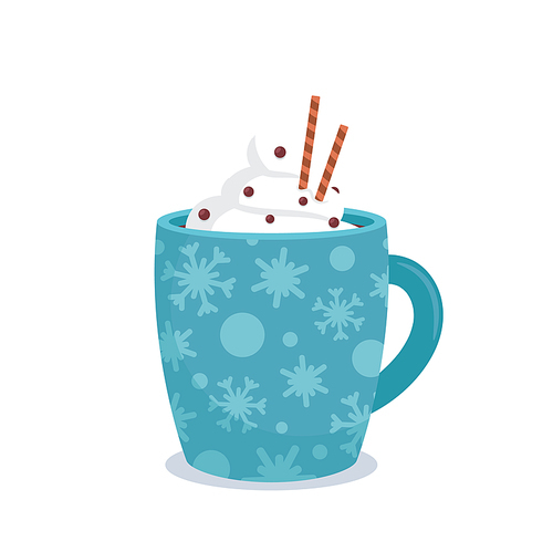 Winter Drink in Blue Cup with Snowflakes Design. Hot Beverage with Whipped Cream, Mug with Cocoa, Chocolate and Sprinkles Decor. Wintertime Season Holidays Treat Dessert. Cartoon Vector Illustration