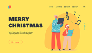 Merry Christmas Landing Page Template. Cute Children Caroling, Happy Kids Characters Wearing Santa Claus Hats and Knit Sweaters Singing Songs. Boy and Girl Sing with Books. Cartoon Vector Illustration