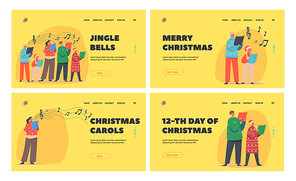 Xmas Carols Landing Page Template Set. Happy Children Christmas Characters in Santa Claus Hats and Knit Sweaters Singing with Song Books. Kid Caroling at Eve Night. Cartoon People Vector Illustration