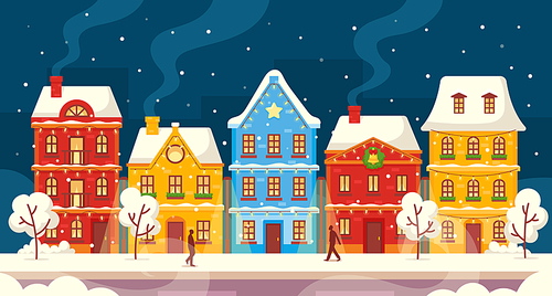 Winter City Houses, Night Vintage Town Street with Snowy Trees and Passerby Walk along Buildings Decorated with Christmas Garlands and Snow on Roof, Xmas Dwellings. Cartoon Vector Illustration