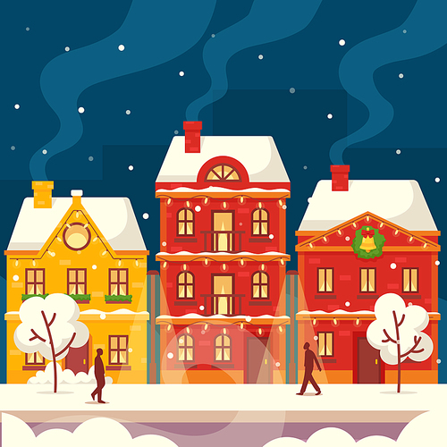 Winter City Street with Vintage Houses, Night Town at Snowfall with Snowy Trees and Passerby Walk along Buildings Decorated with Christmas Garlands, Xmas Eve Mood. Cartoon Vector Illustration
