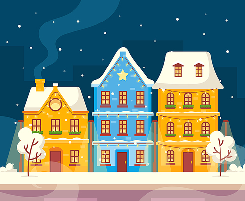 Night Vintage Town Street with Snowy Trees. Empty Winter City with Retro Houses, Cute Buildings Decorated with Christmas Garlands, Snow on Roof, Landscape with Dwellings. Cartoon Vector Illustration