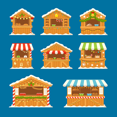 Set Christmas Market Stalls with Food, Sweets and Hot Drinks. Xmas Wooden Souvenir or Bakery Kiosks, Winter Houses with Canopy, Decorated with Garlands, Fir-Tree Branches. Cartoon Vector Illustration