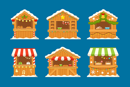 Set of Christmas, Sweets and Hot Drinks. Market Stalls with Xmas Food. Wooden Winter Houses Decorated with Striped Canopy, Garlands, Fir- Tree Branches. Cartoon Vector Illustration