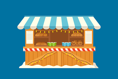 Christmas Market Stall with Striped Apron, Baked Food and Hot Drinks. Xmas Wooden Kiosk, Isolated Winter House Decorated with Garlands, Selling Marketplace, Night Fair. Cartoon Vector Illustration
