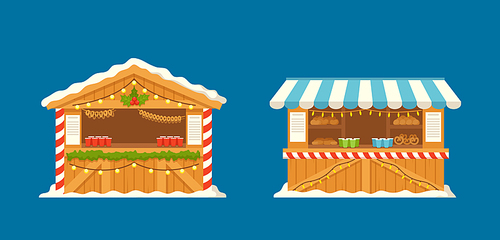 Night Christmas Fair Market Stalls with Bakery and Hot Drinks. Xmas Wooden Souvenir or Food Kiosks, Winter House Decorated with Garlands, Fir-Tree Branches and Foliage. Cartoon Vector Illustration