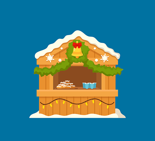 Winter Bake House Decorated with Garlands, Fir-Tree Branches and Bell. Christmas Market Stall with Sweet Food and Hot Drinks. Xmas Wooden, Isolated Bazaar Cabin. Cartoon Vector Illustration