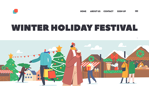 Winter Holiday Festival Landing Page Template. Happy People on Christmas Market. Men and Women Buying Gifts and Tree, Carry Shopping Bags with Presents, Characters Hurry. Cartoon Vector Illustration