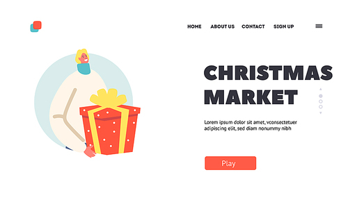 Christmas Market Landing Page Template. Female Character Prepare Presents for Family on Winter Holidays. Happy Woman Carry Big Gift Box Wrapped with Festive Bow and Bag. Cartoon Vector Illustration