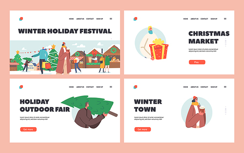 Characters Hurry for Winter Holiday Festival Landing Page Template Set. Happy People on Christmas Market. Men and Women Buy Gifts, Tree, Carry Shopping Bags with Presents. Cartoon Vector Illustration