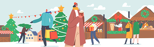 Happy People on Christmas Market. Men and Women Buying Gifts and Tree, Carry Shopping Bags with Presents. Characters Hurry for Sale and Celebration of Winter Holidays. Cartoon Vector Illustration