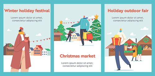 Happy People on Christmas Market Cartoon Posters. Men and Women Buying Gifts and Tree, Carry Shopping Bags with Presents. Characters Hurry for Sale and Winter Holidays Celebration. Vector Illustration