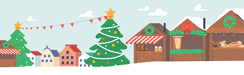 Outdoor Christmas Market with Stalls and Fir Tree. Wooden Houses Decorated with Garlands, Fir-Tree Branches and Bows. Xmas Wooden Kiosks with Sweet Food and Hot Drinks. Cartoon Vector Illustration